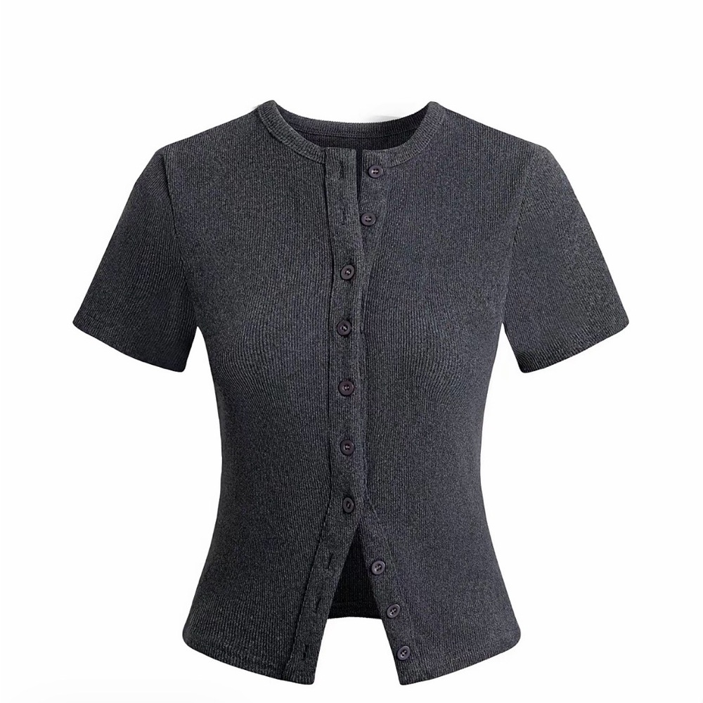 Charcoal Short Sleeve Button-Front Top